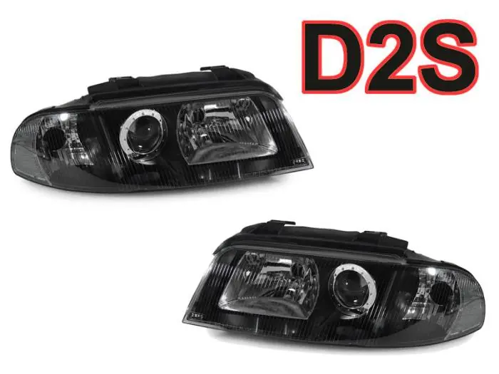 Shop Now Audi B5/A4/S4 Black Us Spec D2S Projector DEPO Headlights Set With Clear Corner