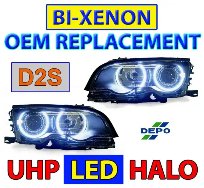 BMW E46 Black Projector Angel DEPO Headlight Hi/Low W/ Uhp Led Angel Halo Rings Brand New