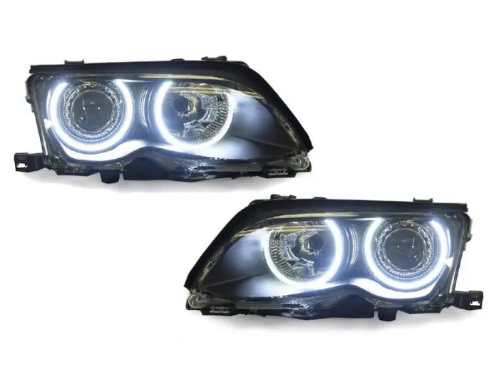 BMW E46 4D Black Projector Angel DEPO Headlight Hi/Low Uhp Led Angel Halo Rings Worldwide Shipping