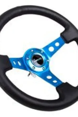 NRG Reinforced Steering Wheel (350mm / 3in. Deep) Blk Leather w/Blue Circle Cutout Spokes Price Drop