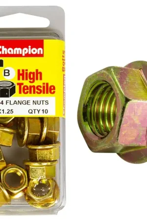 Warranty Included Champion Pack of 10 M10 x 1.25mm High Tensile Grade 8.8, Zinc Plated Flanged Hex Nuts - FBM164