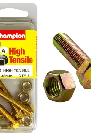 Champion Pack of 5 (5x Hex Set Screws, 5x Nuts) M6 x 35mm High Tensile Grade 8.8, Zinc Plated- BM26 Best Seller