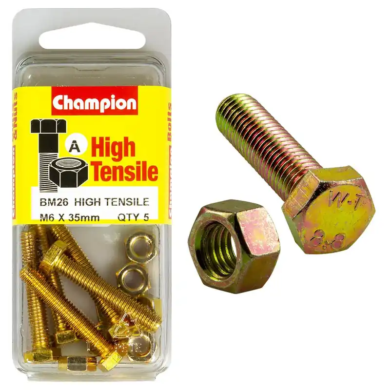 Champion Pack of 5 (5x Hex Set Screws, 5x Nuts) M6 x 35mm High Tensile Grade 8.8, Zinc Plated- BM26 Best Seller
