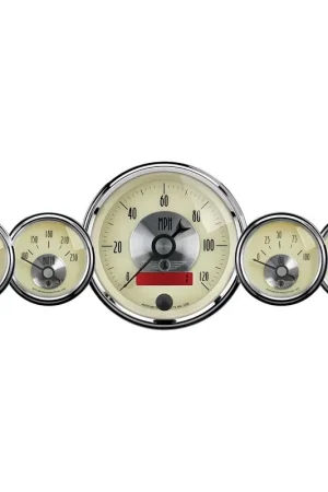 Professional Grade Autometer 5 Pc. Gauge Kit 3-3/8" & 2-1/16" Electric Speedo W/Lcd Odo Prestige Antq. Ivory
