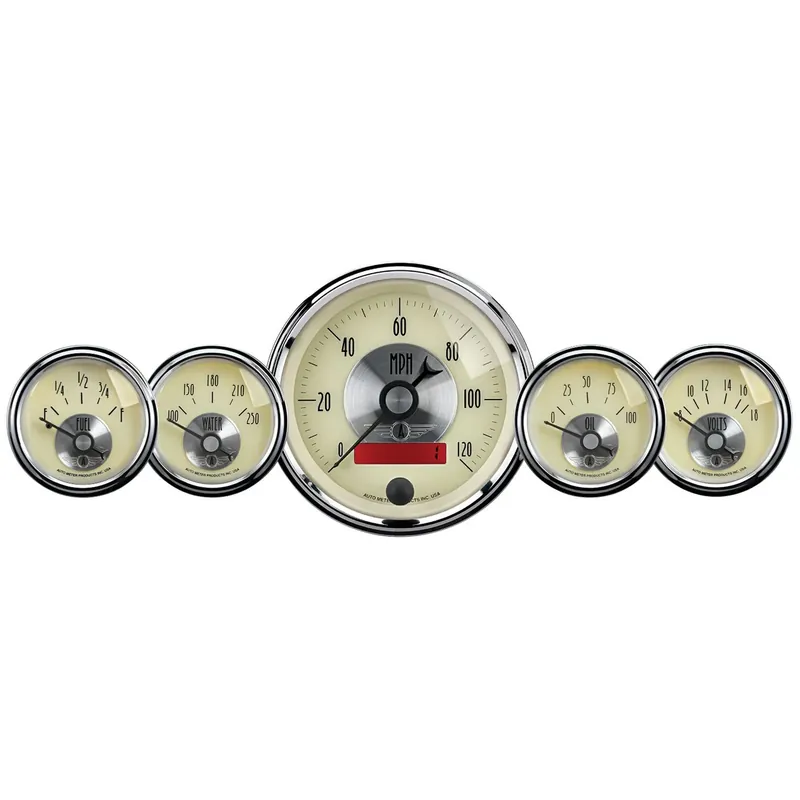 Professional Grade Autometer 5 Pc. Gauge Kit 3-3/8" & 2-1/16" Electric Speedo W/Lcd Odo Prestige Antq. Ivory