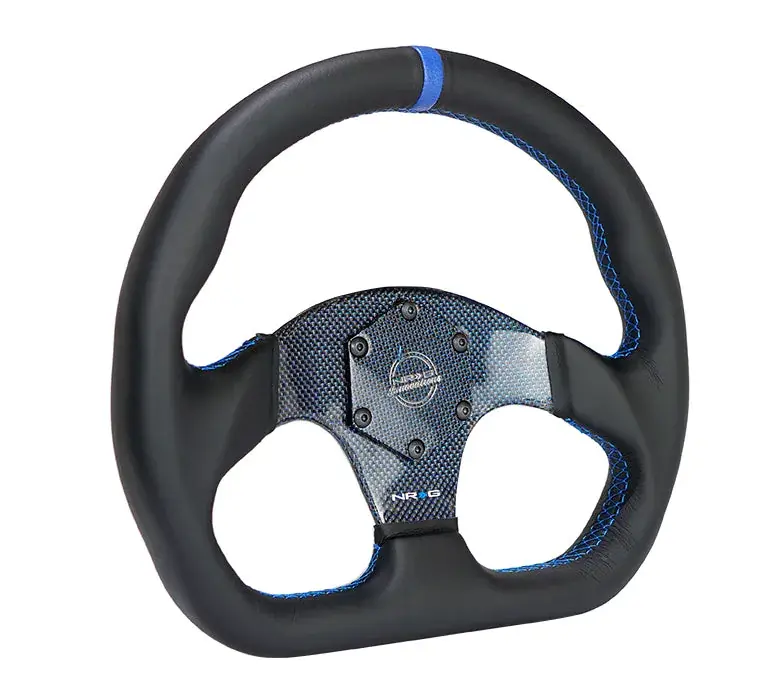 NRG NRG Carbon Fiber Steering Wheel (320mm) Blue CF Center w/Blue Stitch Blue Center Mark Flat Bottom Fast Shipping
