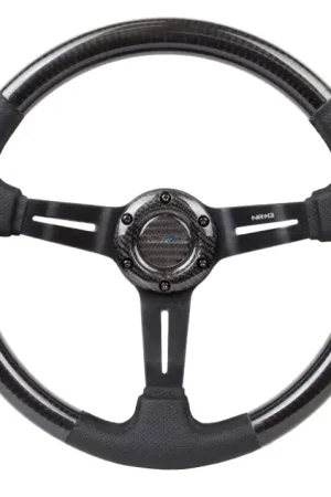 NRG NRG Carbon Fiber Steering Wheel (350mm / 1.5in. Deep) Leather Trim w/Blk Stitch & Slit Cutout Spokes Original