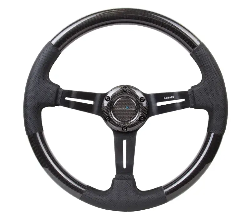 NRG NRG Carbon Fiber Steering Wheel (350mm / 1.5in. Deep) Leather Trim w/Blk Stitch & Slit Cutout Spokes Original
