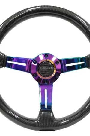Save Now NRG NRG Carbon Fiber Steering Wheel (350mm / 1.5in. Deep) Neochrome 3-Spoke Design w/Slit Cuts