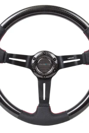 NRG NRG Carbon Fiber Steering Wheel (350mm /1.5in. Deep) Leather Trim w/Red Stitch & Slit Cutout Spokes Special Discount