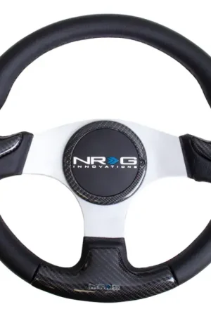 Latest NRG NRG Carbon Fiber Steering Wheel (350mm) Silver Frame Blk Stitching w/Rubber Cover Horn Button
