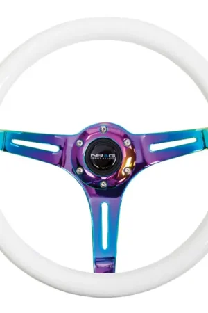 NRG NRG Classic Wood Grain Steering Wheel (350mm) Glow-N-The-Dark Green Grip w/Neochrome 3-Spoke Center Viral