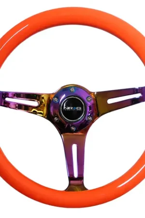 Last Chance NRG NRG Classic Wood Grain Steering Wheel (350mm) Neon Orange Color w/Neochrome Spokes