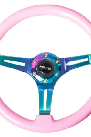 NRG NRG Classic Wood Grain Steering Wheel (350mm) Solid Pink Painted Grip w/Neochrome 3-Spoke Center Sale