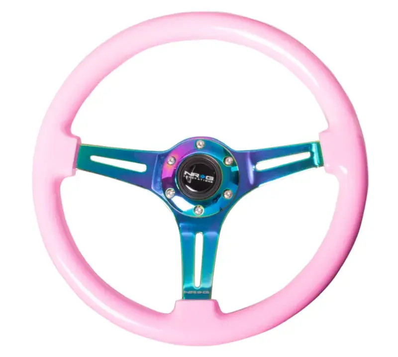 NRG NRG Classic Wood Grain Steering Wheel (350mm) Solid Pink Painted Grip w/Neochrome 3-Spoke Center Sale