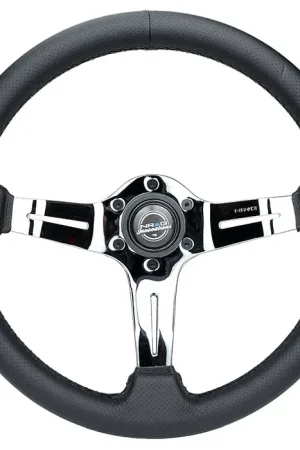 Shop Now NRG NRG Light Weight Gaming Steering Wheel - Splitz Chrome Silver Spokes Perforated Leather