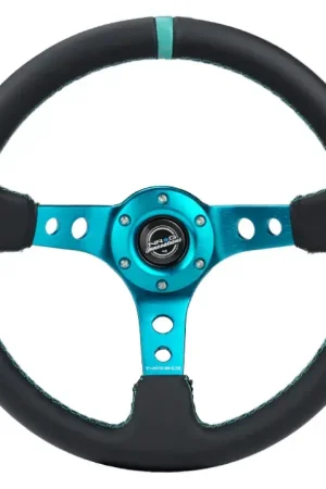 NRG NRG Reinforce Steering Wheel (350mm / 3in. Deep) Blk Leather, Teal Center Mark w/ Teal Stitching Discount