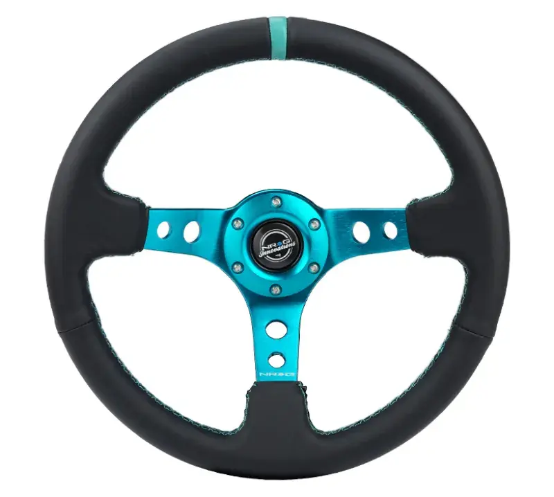 NRG NRG Reinforce Steering Wheel (350mm / 3in. Deep) Blk Leather, Teal Center Mark w/ Teal Stitching Discount