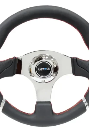 NRG NRG Reinforced Steering Wheel (320mm) Blk Leather/Red Stitching w/Chrome 3-Spoke Center Hassle-Free Returns