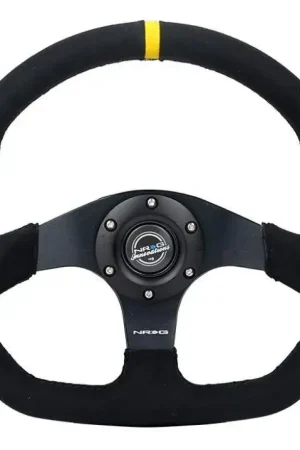 NRG NRG Reinforced Steering Wheel (320mm) Sport Alcantara Dual Push Buttons Flat Bottom w/Yellow Center Mega Sale