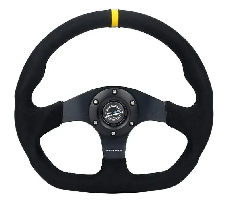 NRG NRG Reinforced Steering Wheel (320mm) Sport Alcantara Dual Push Buttons Flat Bottom w/Yellow Center Mega Sale