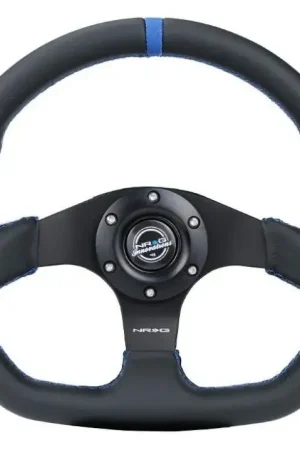NRG NRG Reinforced Steering Wheel (320mm) Sport Leather Flat Bottom w/ Blue Center/ Blue Stitching Instant Buy