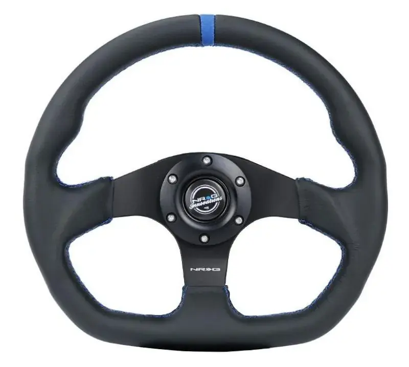 NRG NRG Reinforced Steering Wheel (320mm) Sport Leather Flat Bottom w/ Blue Center/ Blue Stitching Instant Buy