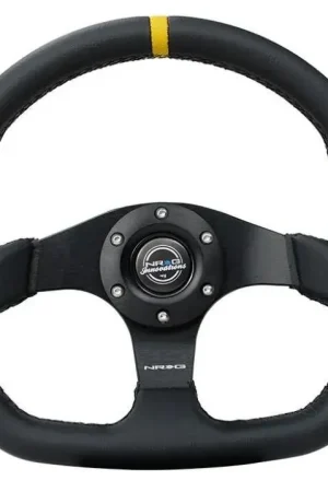 Last Chance NRG NRG Reinforced Steering Wheel (320mm) Sport Leather Flat Bottom w/ Yellow Center Mark