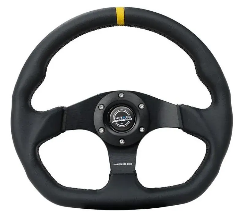 Last Chance NRG NRG Reinforced Steering Wheel (320mm) Sport Leather Flat Bottom w/ Yellow Center Mark