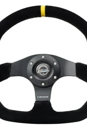 Buy Direct NRG NRG Reinforced Steering Wheel (320mm) Sport Suede Dual Push Buttons Flat Bottom w/ Yellow Center