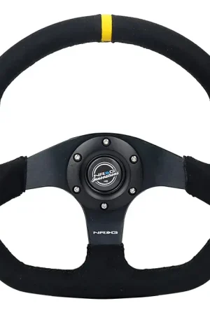Hot Deal NRG NRG Reinforced Steering Wheel (320mm) Sport Suede Flat Bottom w/ Yellow Center Mark