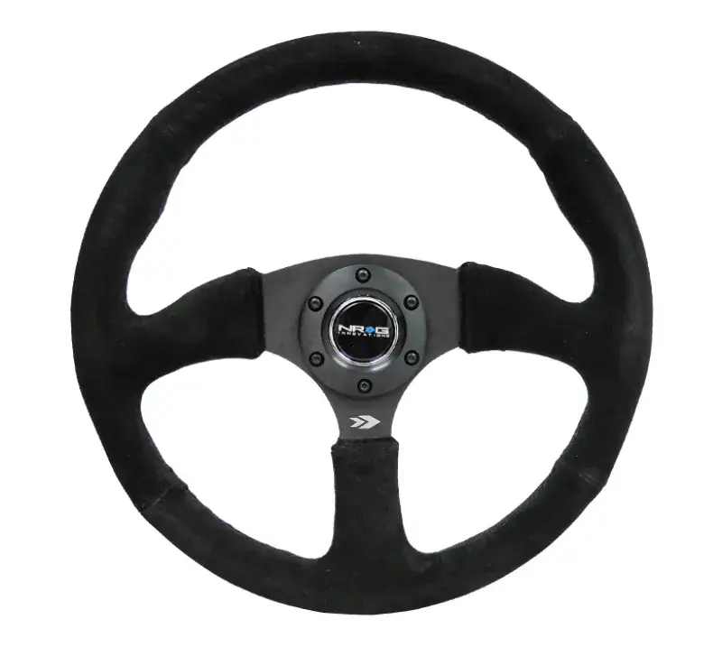 Hot Deal NRG NRG Reinforced Steering Wheel (350mm / 2.5in. Deep) Blk Suede Comfort Grip w/5mm Matte Blk Spokes