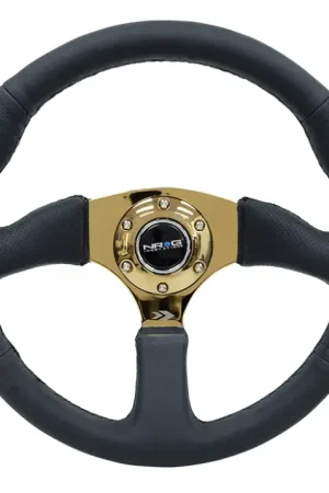 Buy Direct NRG NRG Reinforced Steering Wheel (350mm / 2.5in. Deep) Leather Race Comfort Grip w/4mm Gold Spokes