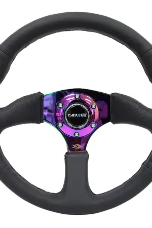 Money Back Guarantee NRG NRG Reinforced Steering Wheel (350mm / 2.5in. Deep) Leather Race Comfort Grip w/4mm Neochrome Spokes