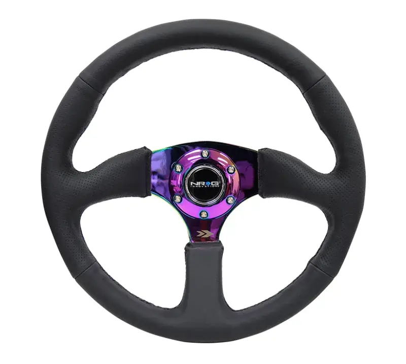 Money Back Guarantee NRG NRG Reinforced Steering Wheel (350mm / 2.5in. Deep) Leather Race Comfort Grip w/4mm Neochrome Spokes
