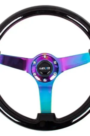Budget NRG NRG Reinforced Steering Wheel (350mm / 3in Deep) Classic Blk Wood Grain w/Neochrome 3-Spoke Center