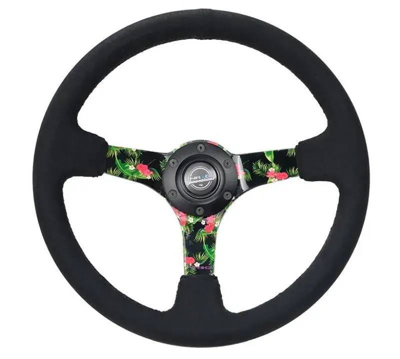 Budget NRG NRG Reinforced Steering Wheel (350mm / 3in. Deep) Black Suede w/ 5mm Floral 3-Spoke Center