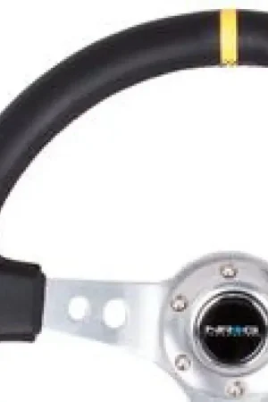 NRG NRG Reinforced Steering Wheel (350mm / 3in. Deep) Blk Leather w/Circle Cut Spokes & Single Yellow CM Exclusive Offer