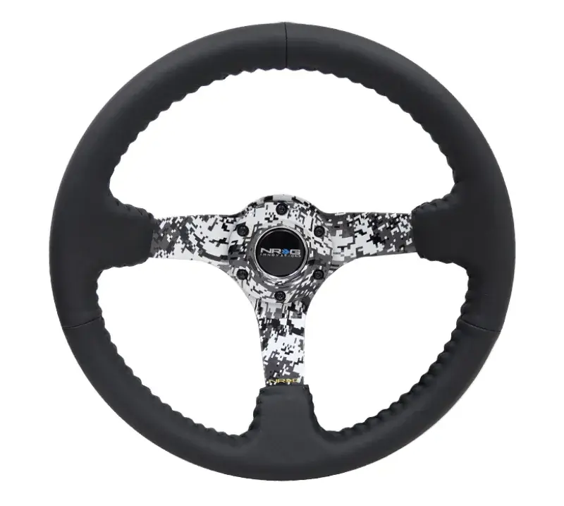 Shop Now NRG NRG Reinforced Steering Wheel (350mm / 3in. Deep) Blk Leather w/Hydrodipped Digi-Camo Spokes