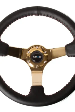 Weekend Sale NRG NRG Reinforced Steering Wheel (350mm / 3in. Deep) Blk Leather/Red BBall Stitch w/4mm Gold Spokes