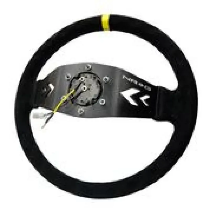 NRG NRG Reinforced Steering Wheel (350mm / 3in. Deep) Blk Suede w/NRG Arrow Cut 2-Spoke & Yellow Mark Top Pick