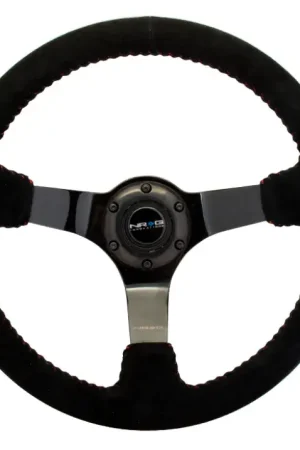 NRG NRG Reinforced Steering Wheel (350mm / 3in. Deep) Blk Suede w/Red BBall Stitch & Black 3-Spoke Genuine