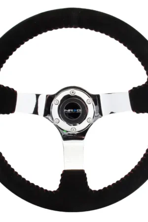 NRG NRG Reinforced Steering Wheel (350mm / 3in. Deep) Blk Suede w/Red BBall Stitch & Chrome 3-Spoke New Arrival