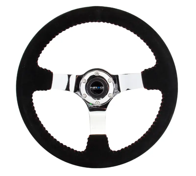 NRG NRG Reinforced Steering Wheel (350mm / 3in. Deep) Blk Suede w/Red BBall Stitch & Chrome 3-Spoke New Arrival
