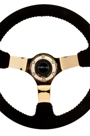 Seasonal Sale NRG NRG Reinforced Steering Wheel (350mm / 3in. Deep) Blk Suede w/Red BBall Stitch & Chrome Gold 3-Spoke