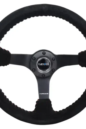 Must Have NRG NRG Reinforced Steering Wheel (350mm / 3in. Deep) Blk Suede/Red BBall Stitch w/5mm Matte Blk Spokes