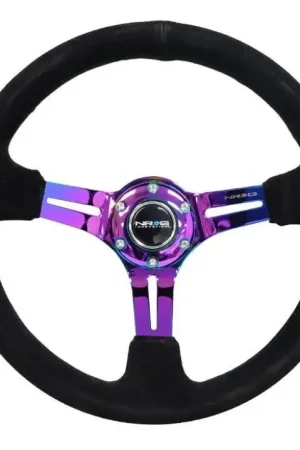 Weekend Sale NRG NRG Reinforced Steering Wheel (350mm / 3in. Deep) Blk Suede/Red Stitch w/Neochrome Slits