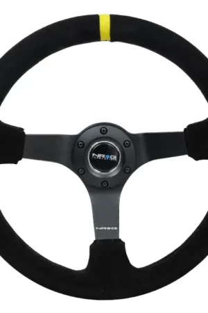 Budget NRG NRG Reinforced Steering Wheel (350mm / 3in. Deep) Blk Suede/X-Stitch w/5mm Blk Spoke & Yellow CM