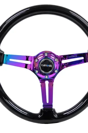 NRG NRG Reinforced Steering Wheel (350mm / 3in. Deep) Blk Wood w/Blk Matte Spoke/Neochrome Center Mark While Supplies Last