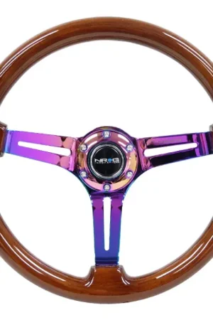 Professional Grade NRG NRG Reinforced Steering Wheel (350mm / 3in. Deep) Brown Wood w/Blk Matte Spoke/Neochrome Center Mark